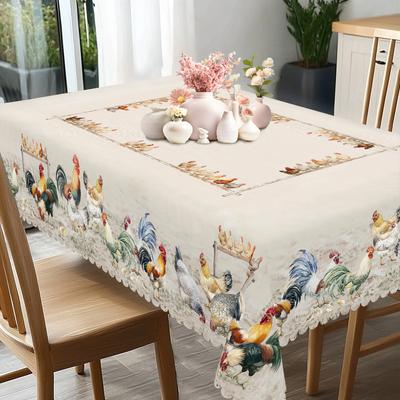 1 Piece Of Retro Farm Rooster, Hen And Chick Pattern Tablecloth, Farmhouse Style Spring And Summer Decoration, Polyester Machine Washable Tablecloth,