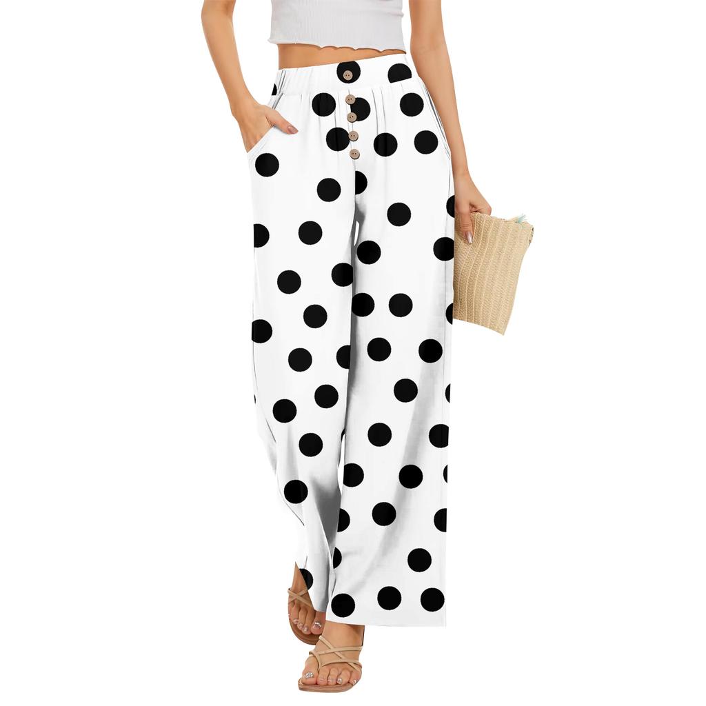 Damen Sommer Locker Weites Bein Hose Elastischer Bund Knopfleiste Vorne Mit Taschen Polka Dot Farbverlauf Druck Lässige Hose