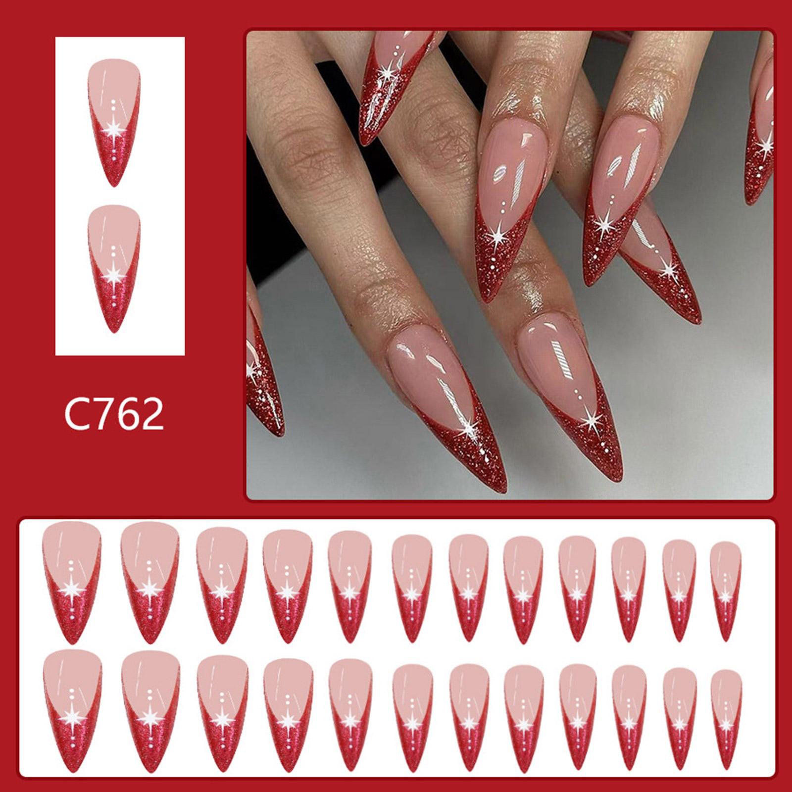 

24 Pcs French Tip Press On Nail Long Stiletto Full Cover False Nail Glittering Star Stick on Nail Artificial Nail