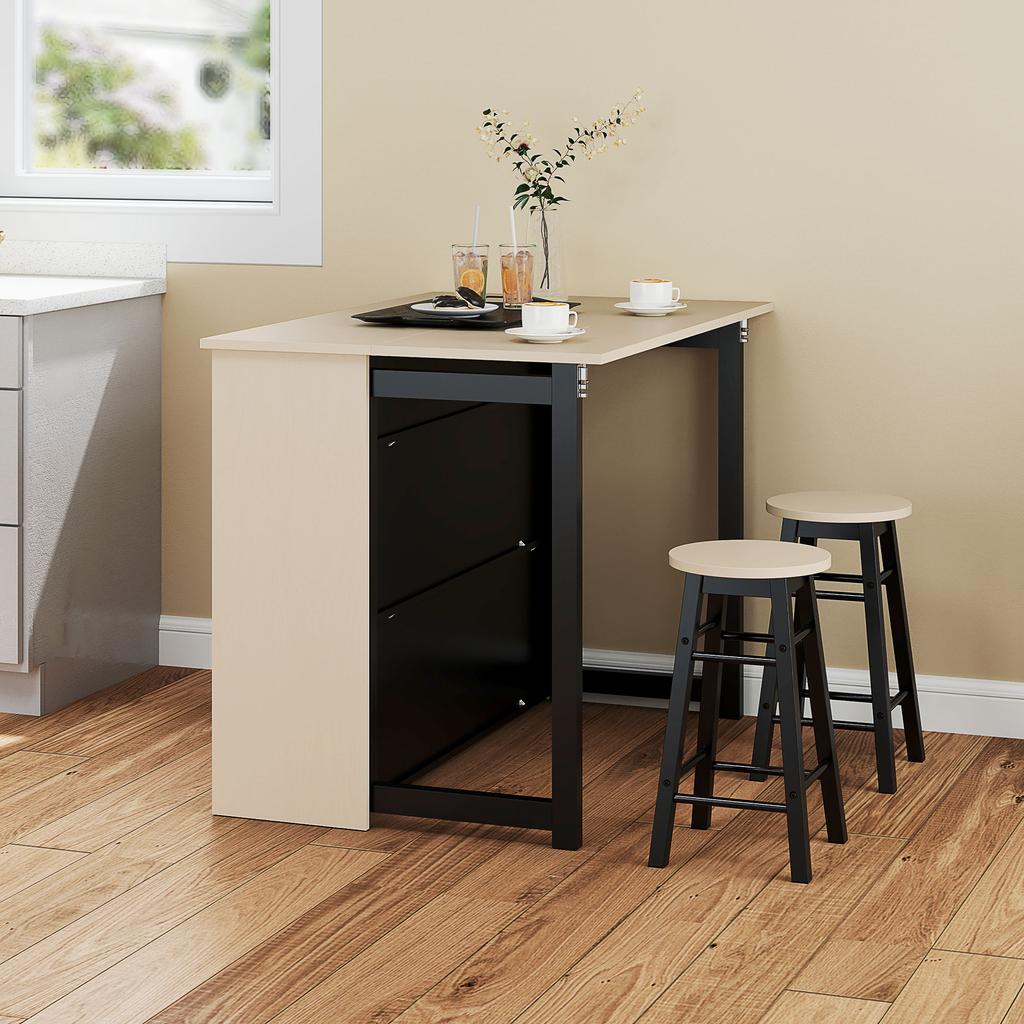 Set da Bar a 3 Pezzi, Tavolo da Bar con Piano Pieghevole, 2 Sgabelli da Bar, 6 Scomparti portaoggetti, Nero+Quercia, 116 x 70 x 89,5 cm