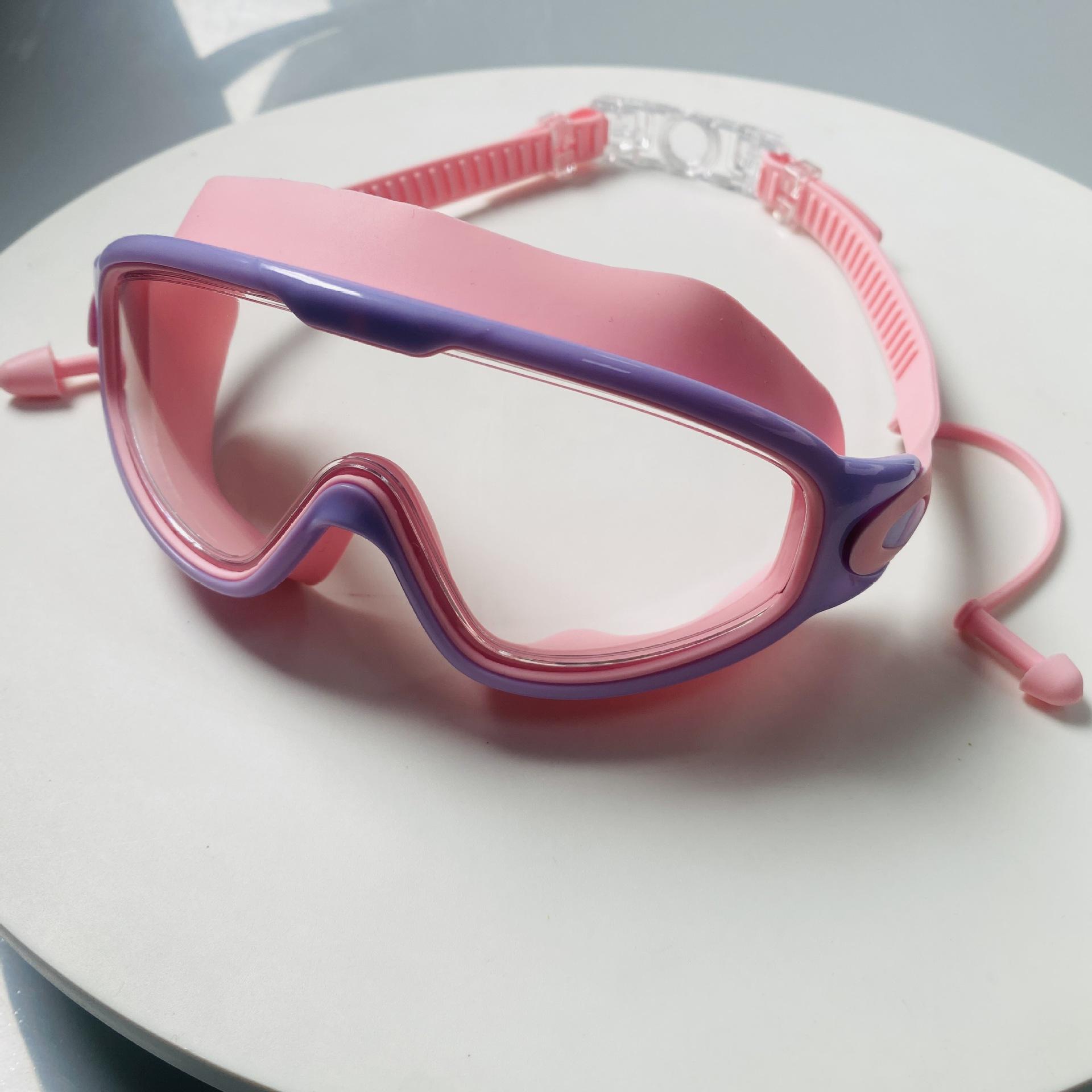 

Adult swimming goggles with large frame, electroplated, waterproof, anti-fog, integrated earplugs, wide field of vision, unisex protective swimming Adult Style：Pinkish pur