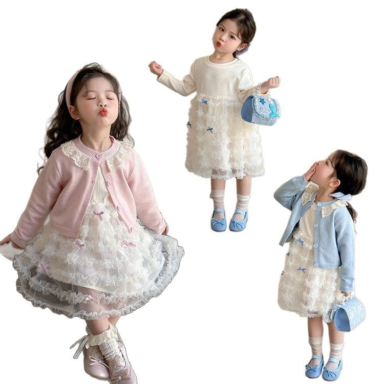 Girls' Spring & Autumn Cardigan Princess Dress Set 2025 - Sweet Two-Piece Outfit for Kids