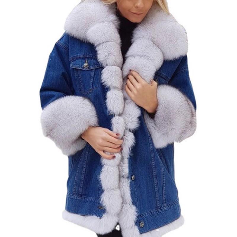 Womens Faux Fur Lined Denim Long Sleeve Jacket - Casual Winter Outerwear Office Daily Wear