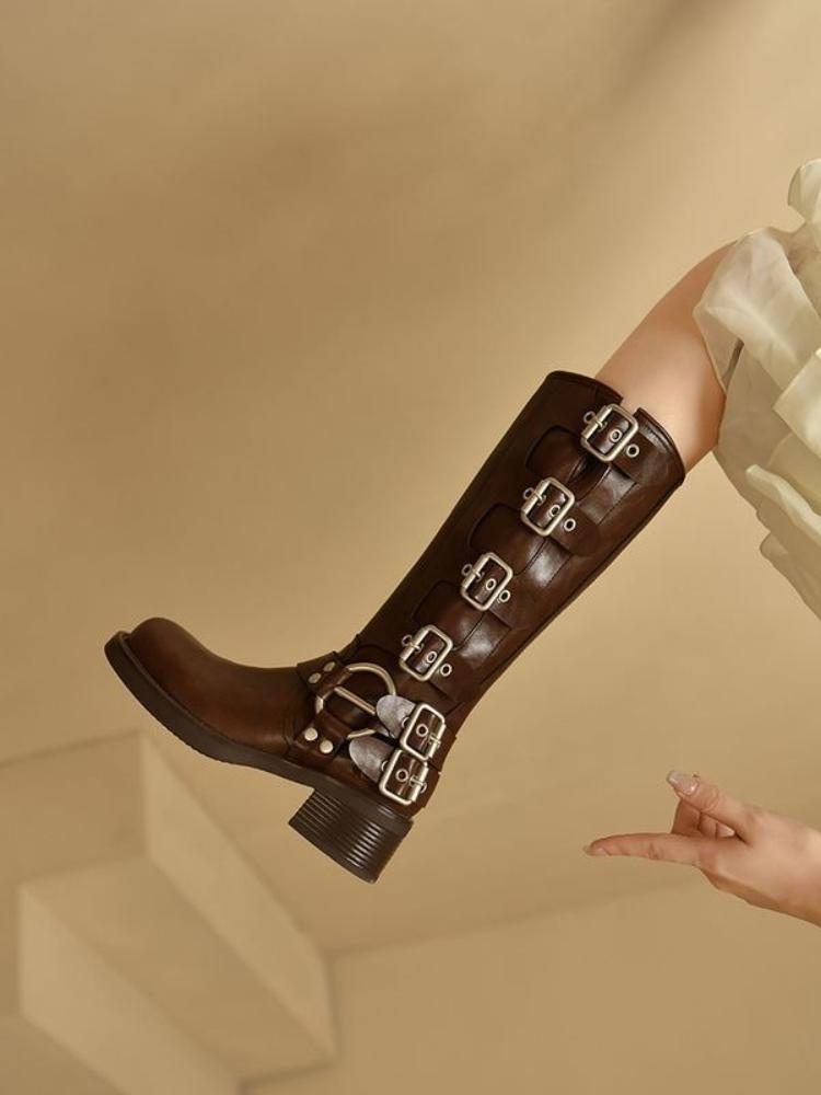 Fashion Square Toe Middle Heel Leather Women's Long Boots Autumn Winter Fleece-Lined Ladies Knee High Shaft Shoes Y2k Goth Footwear Sale
