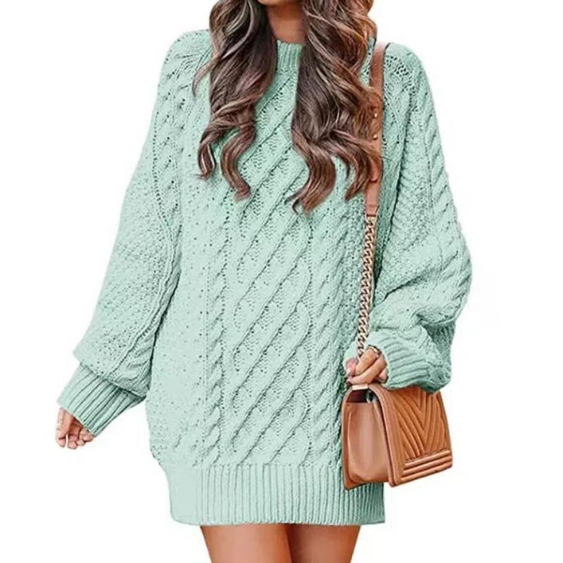 2025 New Women's Oversized Chunky Knit Dress | Cable Crew Neck Long Sleeve Sweater | Warm Mid-Length Pullover for Winter AW25 Fashion (S-3XL)