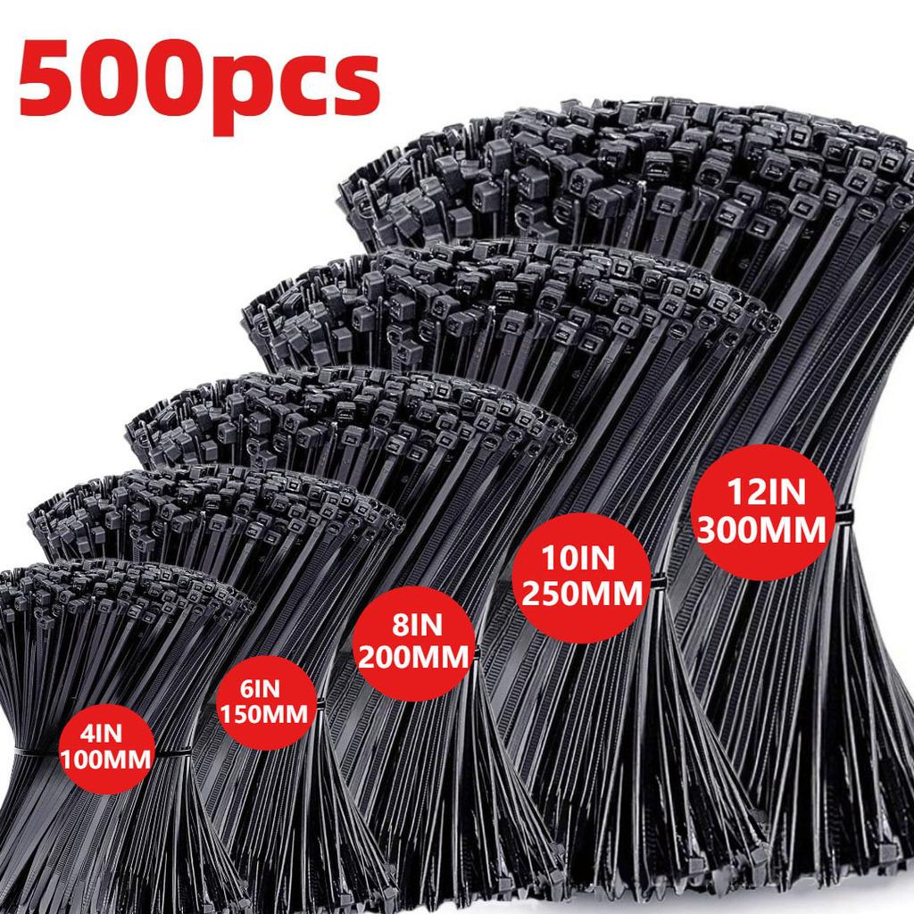 Heavy Duty Nylon Self Locking Cable Ties Assorted Sizes 12 Inch 10 Inch 8 Inch 6 Inch 4 Inch Bundle of 500 Durable Wire Fastening Straps