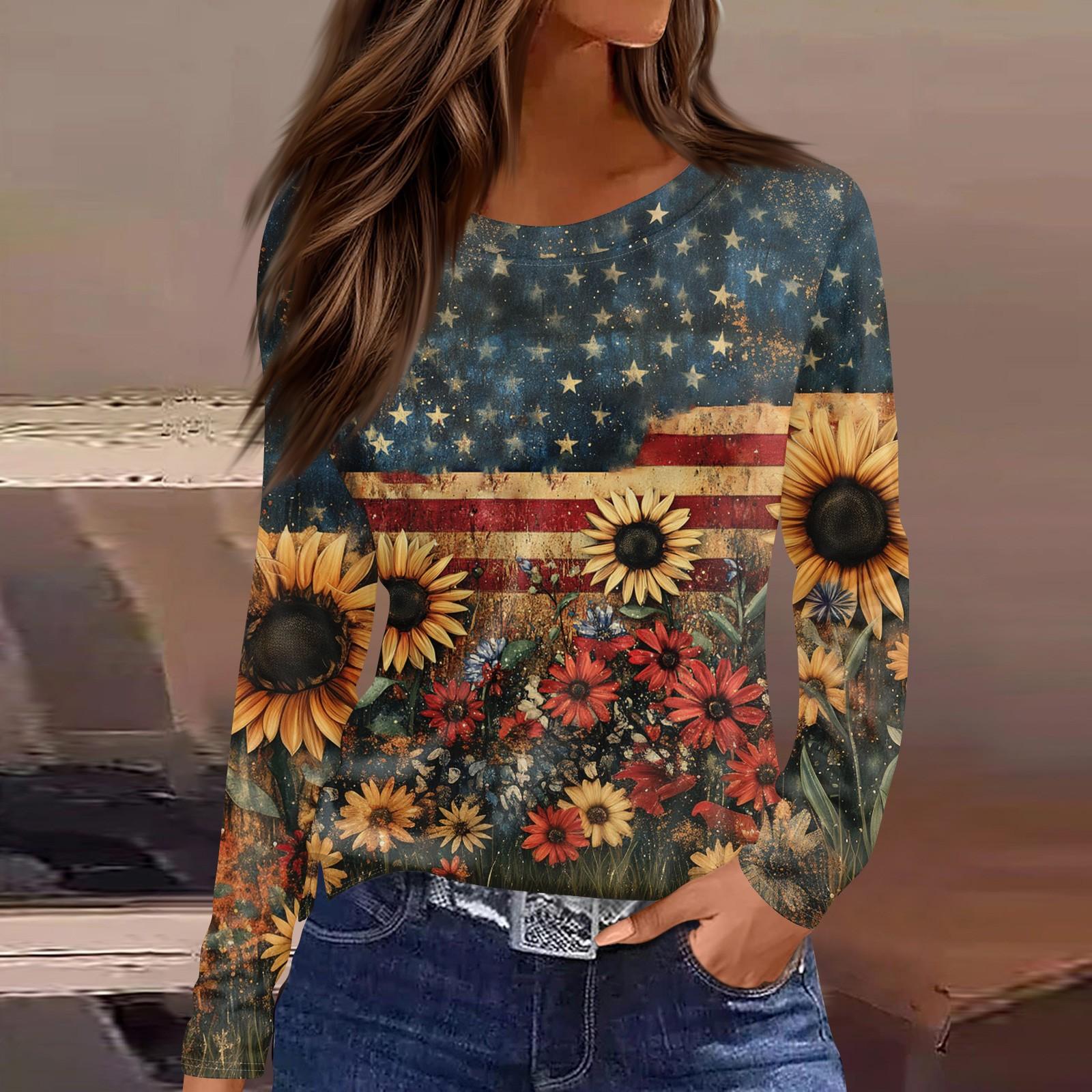 Women s Fashion Slit Hem Independence Day Printed Round Neck Long Sleeve Top XL