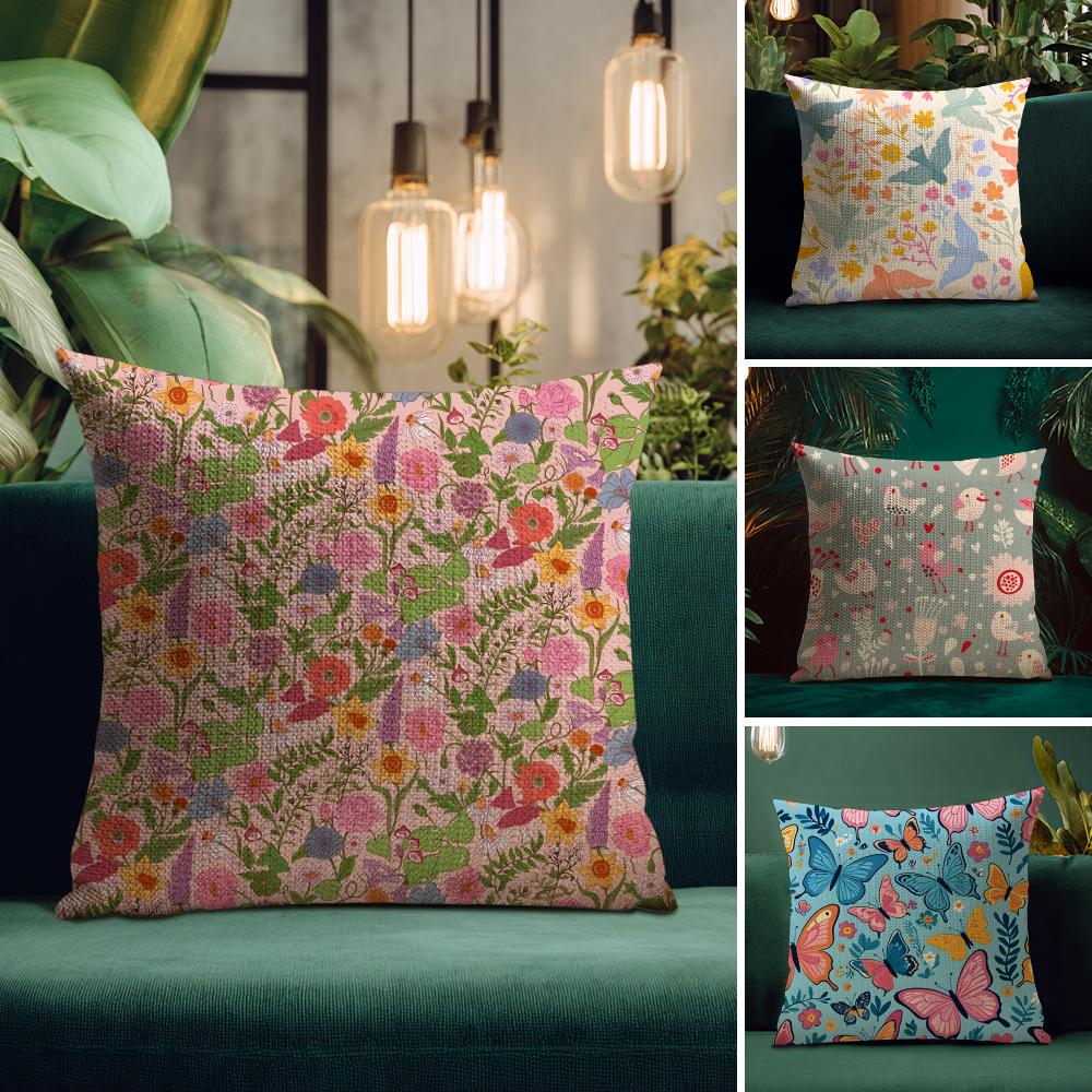 Colorful Floral Animal Cushion Cover Natural Linen Pillow Case Double-Sided Print Decorative Sofa Pillowcase Home Decor Gift