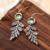 Elegant Inlay Green Stone Drop Earrings Delicate Silver Color Alloy Metal Leaf Shape Engraved Dangle Earrings Women Jewelry Gift