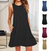 Vestido corto de verano con bolsillos, sin mangas, corte A, cuello redondo, color liso, largo por encima de la rodilla, ideal para citas, fiestas en la playa.