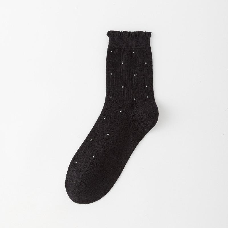 Polka Dot Socks for Women's Autumn and Winter Mid-calf Socks, Fresh Black Fungus Edge Pile Socks, Lace Versatile Socks