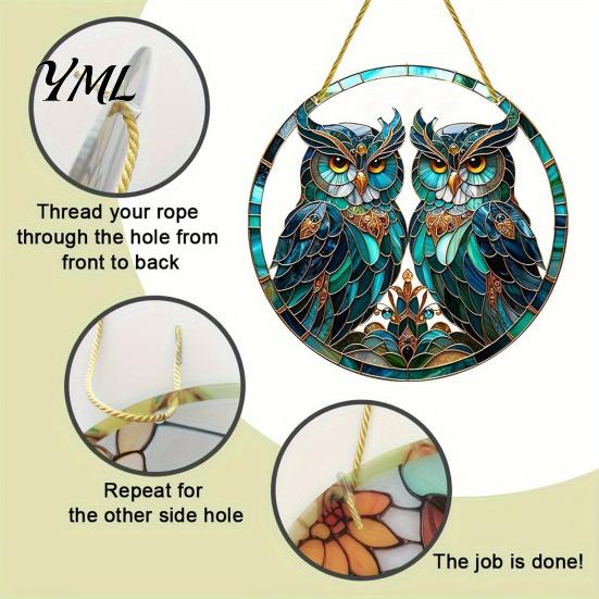 Creative Housewarming Gift Double Owl Suncatcher Window Hanging Ornament, Stained Glass Style Circular Wall Artistic Ornament Decor, Green Art