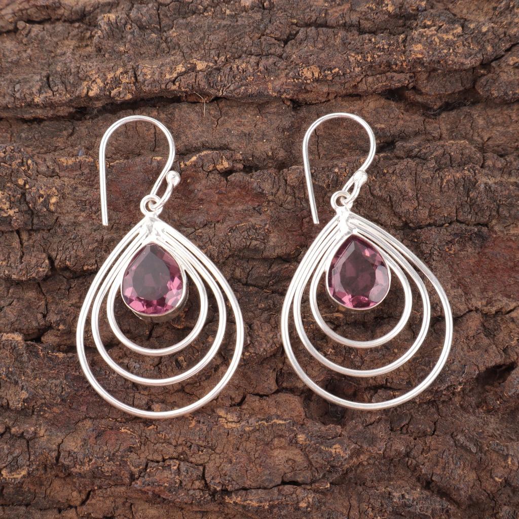 Natural Rhodolite Gemstone 925 Sterling Silver Handmade Earrings1.80" For Mother EE-31-39