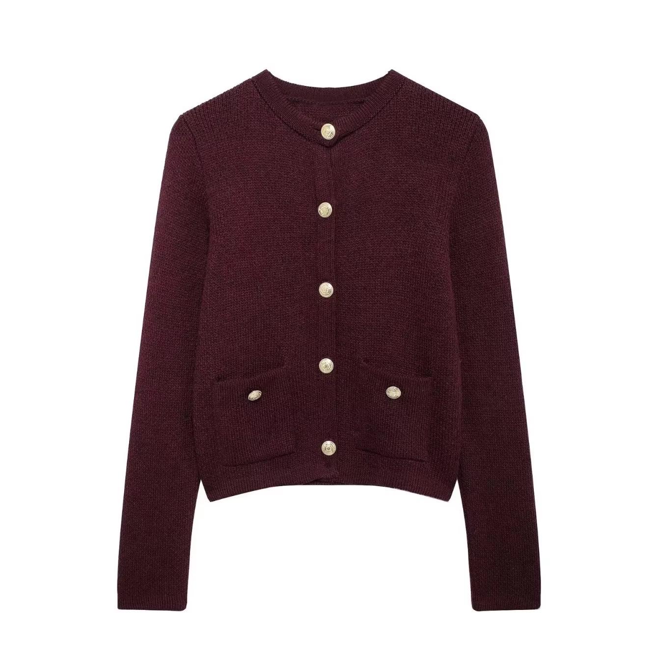 

Женский простой вязаный кардиган с длинным рукавом и круглым вырезом, весна/лето 2025 Large вино красного