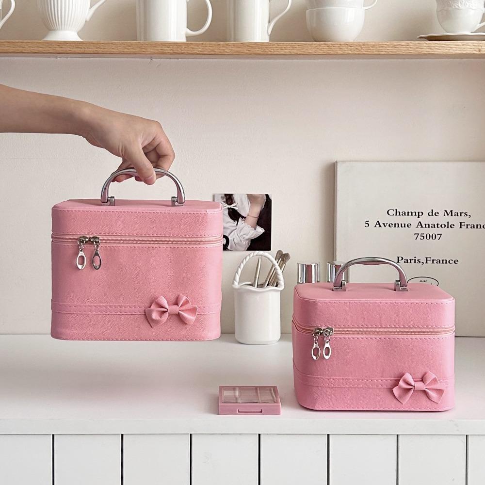 Pink Bow PU Leather Makeup Bag Portable Handheld Makeup Case Skincare Product Storage Box Trips