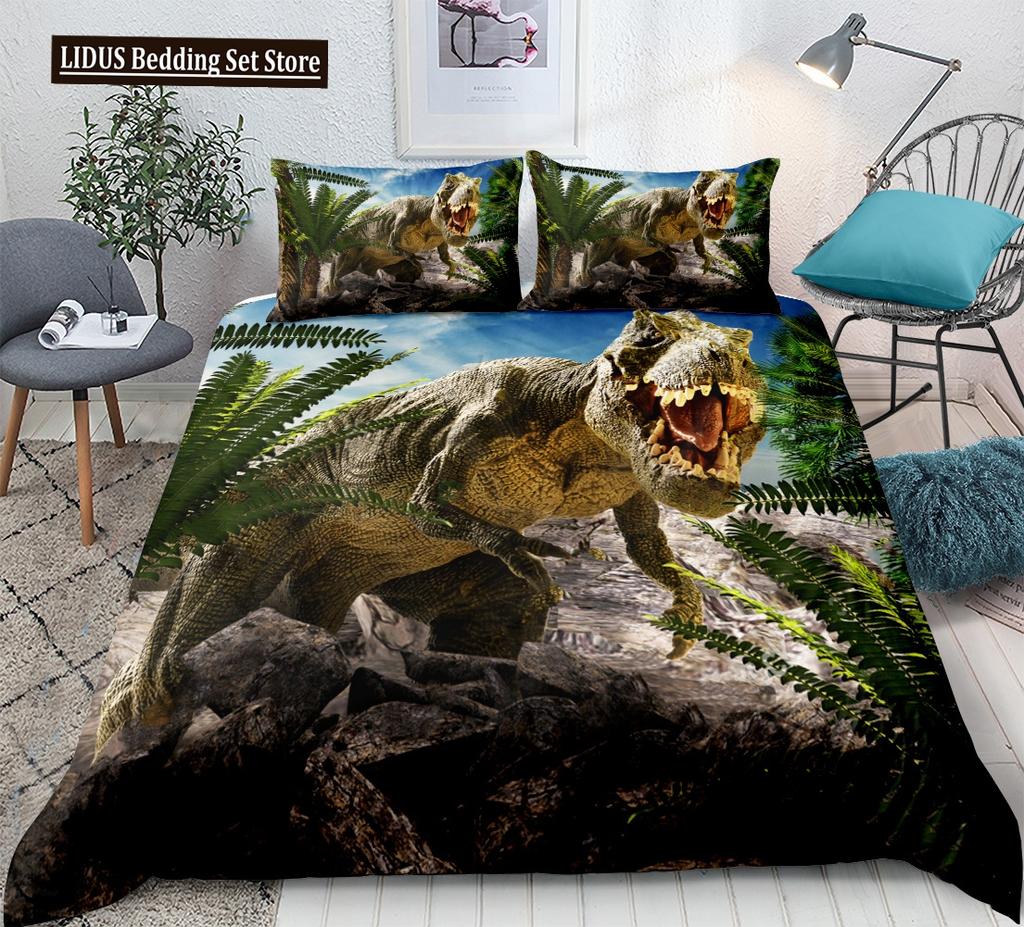 Dinosaur Duvet Cover Set King Queen Full Twin Size Wild Animals Comforter Cover With Zipper For Boys Girl Polyester Bedding Set
