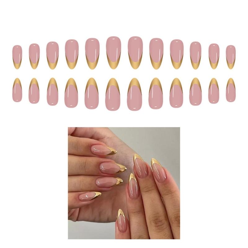 Pack Of 24 French Tip Press On Nail Gold French Tip Design Gold French Tip Fake Artificial Nail For Women Party