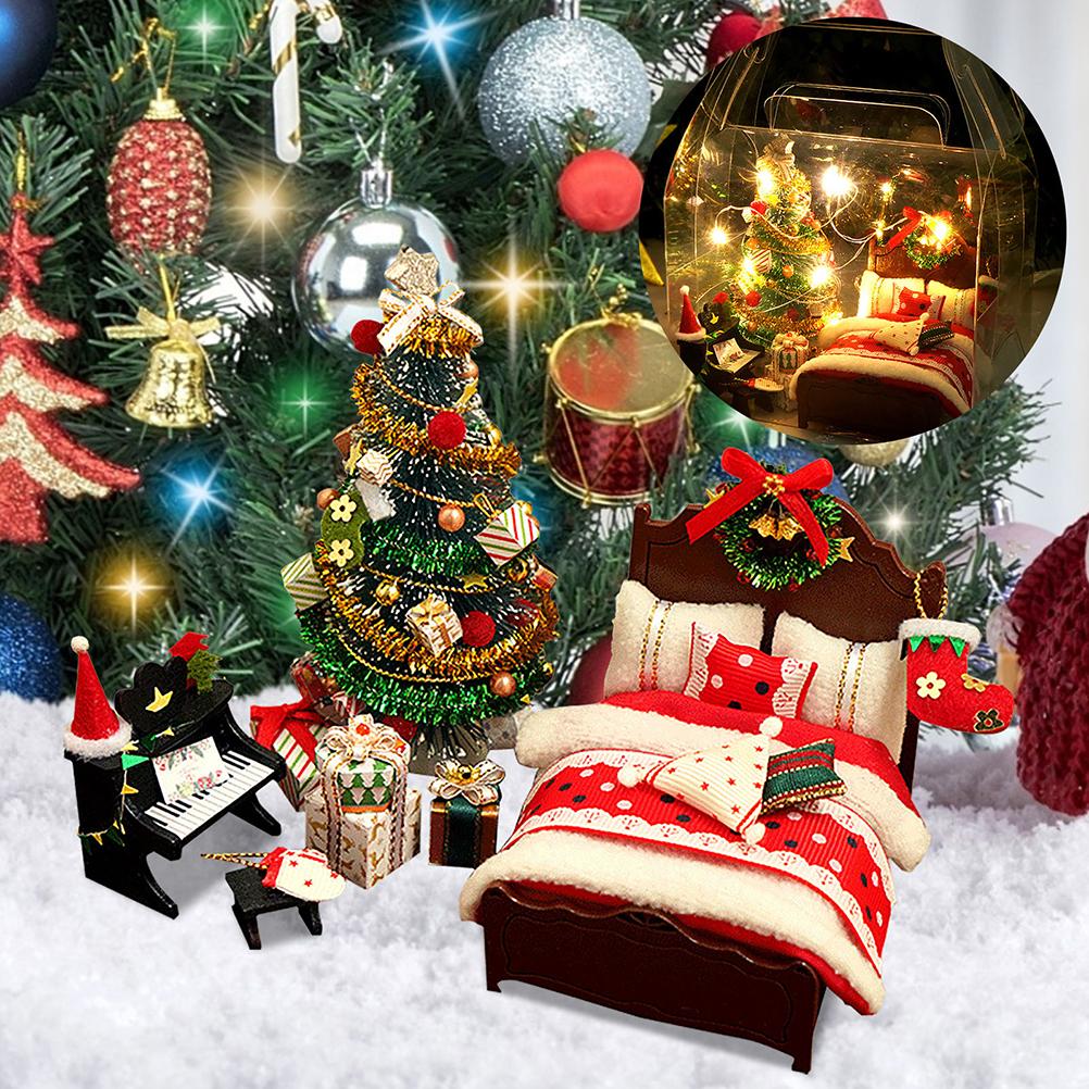 DIY Christmas Miniature Dollhouse Kit Realistic 3D House Room Craft with Bed Quilt Pillow Piano