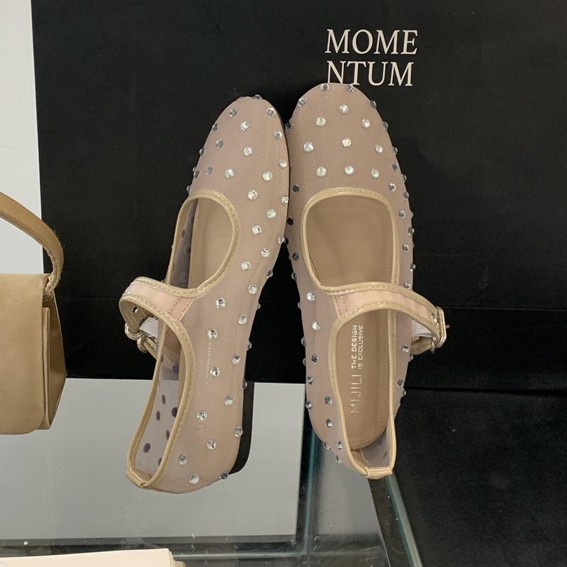 Fashion SUOJIALUN 2025 Autumn Women Flat Shoes Fashion Mesh Crystal Ladies Elegant Mary Jane Ballet Shoes Soft Flat Heel Dress Single Sh