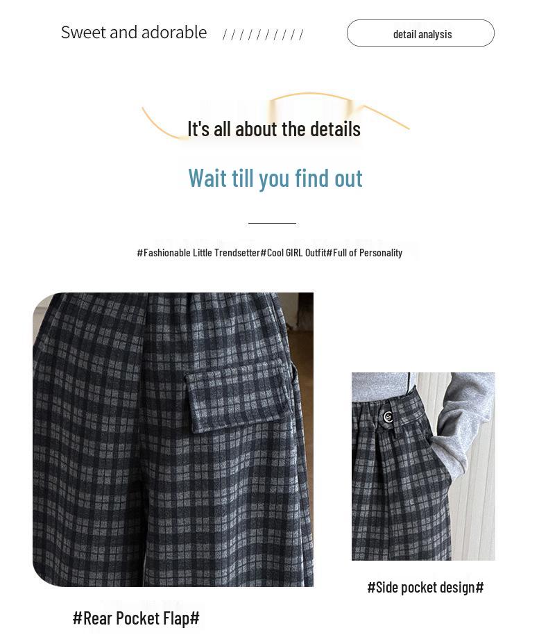 Girls' Wool Plaid Wide-Leg Pants 2026 - Autumn Collection, Mid-to-Large Casual 5-Button Long Pants