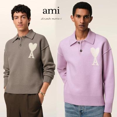 AMI Spring and Autumn New Love Jacquard Wool Ami De Coeur Polo Collar Hoodie Sweater