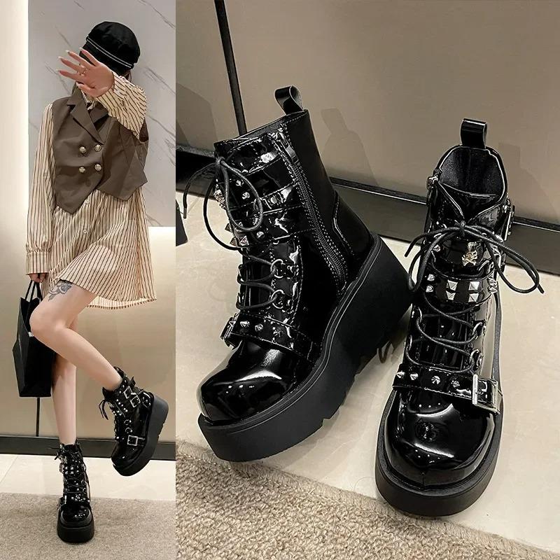 Fashion Punk Style Thick Bottom Motorcycle Boots Women's Platform Gothic Shoes Round Toe High Heel Ankle Booties Rubber Outsole