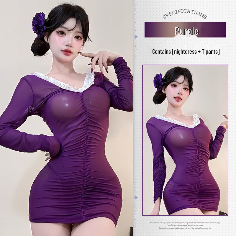 

Привлекательный комплект ночной сорочки с глубоким V-образным вырезом и кружевной отделкой с быстрым расстегиванием (Стиль 8374) One Size (for 40-60 kg)