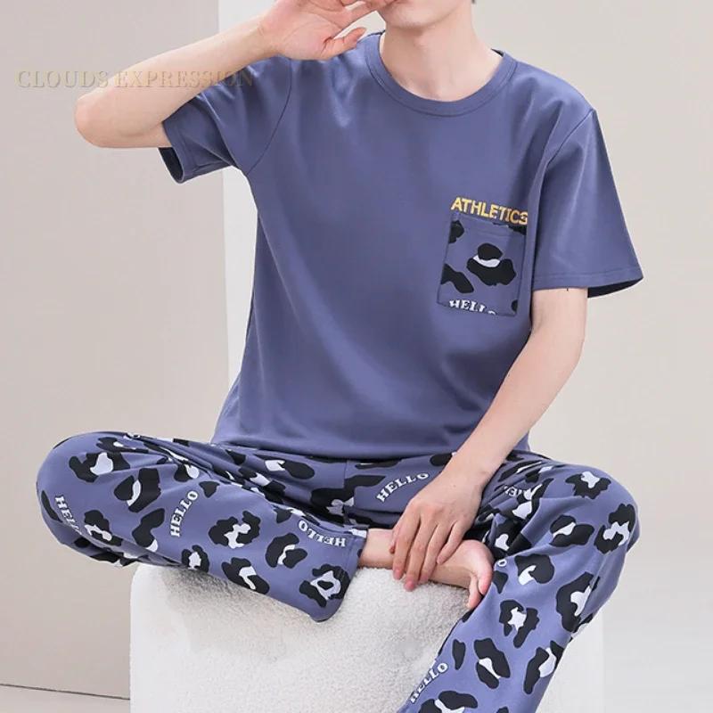 Summer Elegant Men Pyjamas Knited Plaid Pajamas Set Long Pants Sleepwear Pyjamas Night Suits