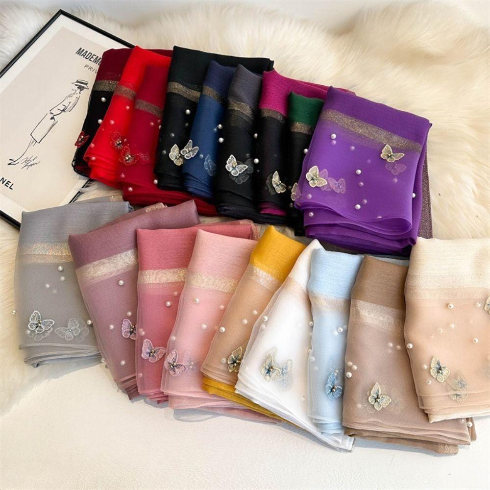 Large Butterfly Embroidery Scarf Pearl Women Hijab Shawls Fashion Silk Scarf  Female