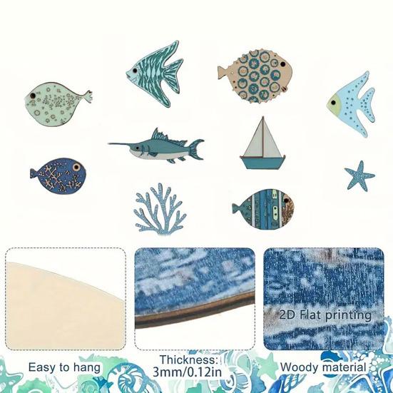 10 Pcs Wood Nautical Wall Decor Rustic Beach Theme Fish Starfish Sailboat Coral Wall Art Coastal Ocean Hanging Sculpture for Living Room Bedroom