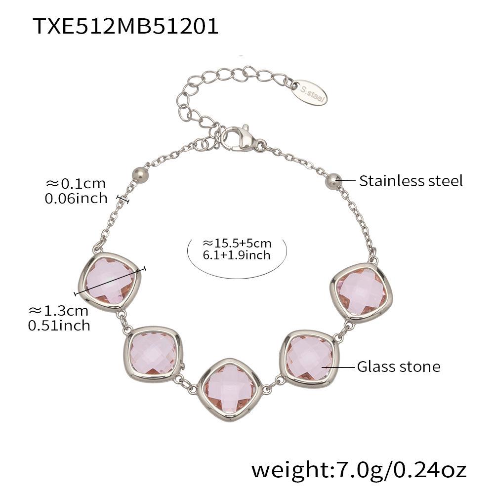 Stylish European & American Stainless Steel Jewelry Set with Square Faceted Glass Stones: Includes Bracelet, Necklace, and Earrings