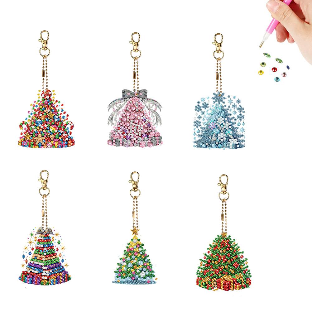 6PCS 2D Flat DIY Diamond Painting Keychain Double Sided Drill Small Crystal Painting Keyrings Diamond Art Kits Gift for Friends