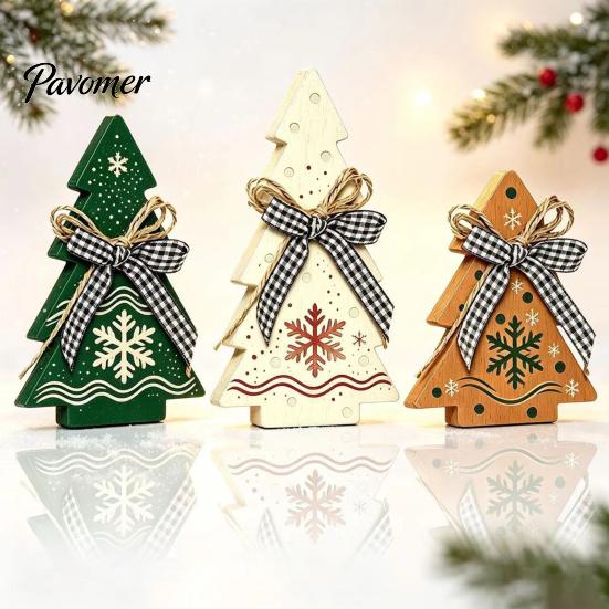 Vintage Country Style Home Accents 3Pcs Wooden Christmas Tree Ornaments with Plaid and Hemp Rope Bow, Rustic Farmhouse Small Figurines Polka Dot Xmas