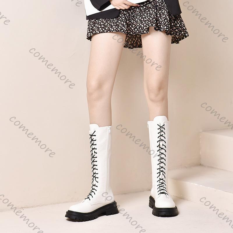 Fashion Comemore Women's Boots 2025 Autumn Winter New Platform Lace Up Knee High Boots for Women Fashion Black White Thck Heel Botas