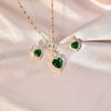 Korean Green Heart Necklace and Earrings Set - Green Zircon with Titanium Steel Clavicle Chain