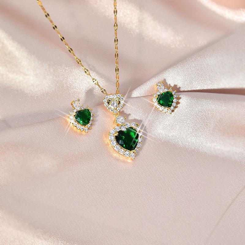 Korean Green Heart Necklace and Earrings Set - Green Zircon with Titanium Steel Clavicle Chain