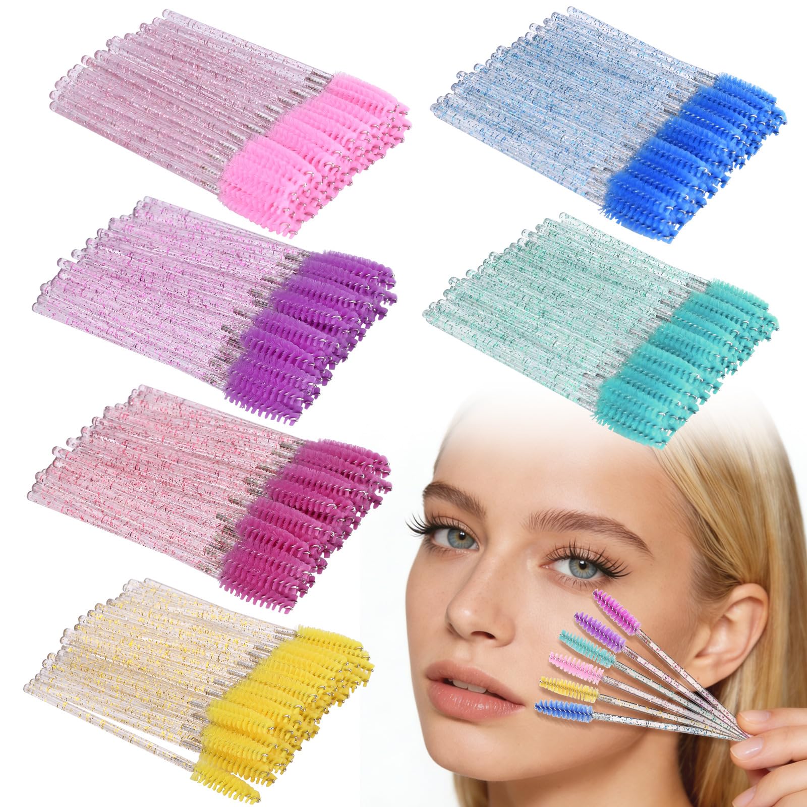 

ATOMUS 300pcs Mascara Eyelash Brush Mascara Wand Disposable Eyelash Applicator Makeup Brush with Crystal Handle for Eyelash Extensions (6 Colors)