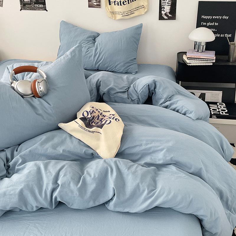 Solid Color Pure Cotton 4-Pcs Set Class A Maternal Infant Grade Naked Sleeping Sheets Quilt Cover Washed Cotton Bedding 3-Pcs Set