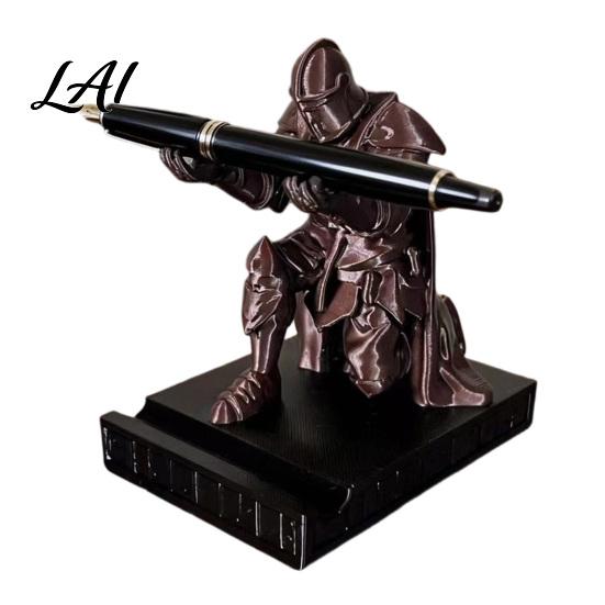 Scratch-resistant Desk Accessory Kneeling Knight Pen Holder 3D Printed Armor Warrior Unique Ninja Decor Organizer Executive Rest for Office,