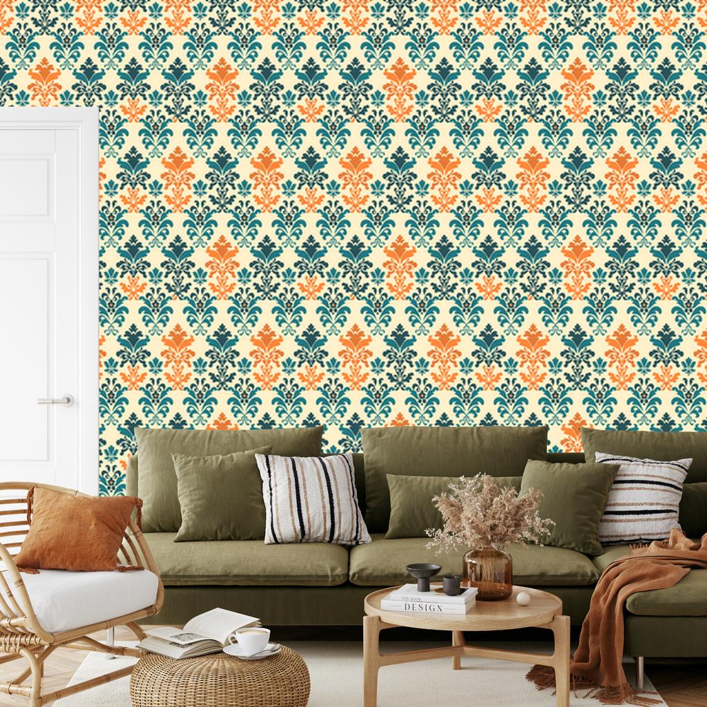 Baroque Damask Wallpaper Cream and Green for Living Room and Bedroom 50x1000