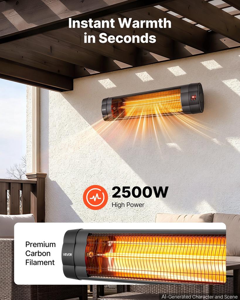 Infrared Heater 2500W Electric Space Heater 3 Heat Settings Black, Remote & Panel Control, 24 Hours Timer, Premium PP Material, Even Warmth for