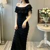 Summer waist and thin hip skirt black split-ended long dress French temperament ruffle leaf edge one-word shoulder dress women