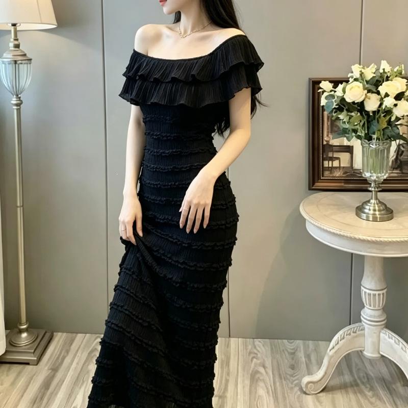 Summer waist and thin hip skirt black split-ended long dress French temperament ruffle leaf edge one-word shoulder dress women