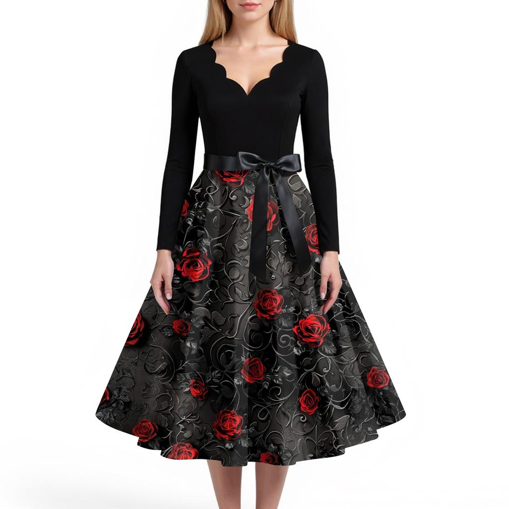Women's Casual And Fashionable V-neck Long-sleeved Halloween Printed Dress