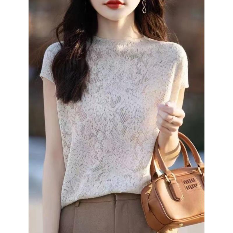 Women's Half High Neck Knitted T-shirt Base Half Sleeve Slimming Knitted T-shirt