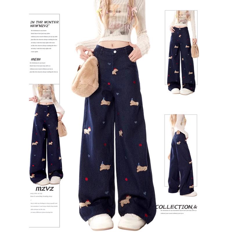 

Korean Style High Waist Wide-Leg Puppy Embroidered Jeans M