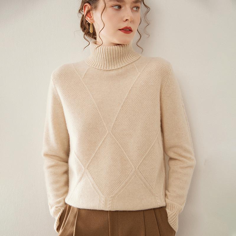 Women's Diamond Knit Cashmere Turtleneck Sweater - Thick, Stylish Base Layer for Autumn/Winter Outfits