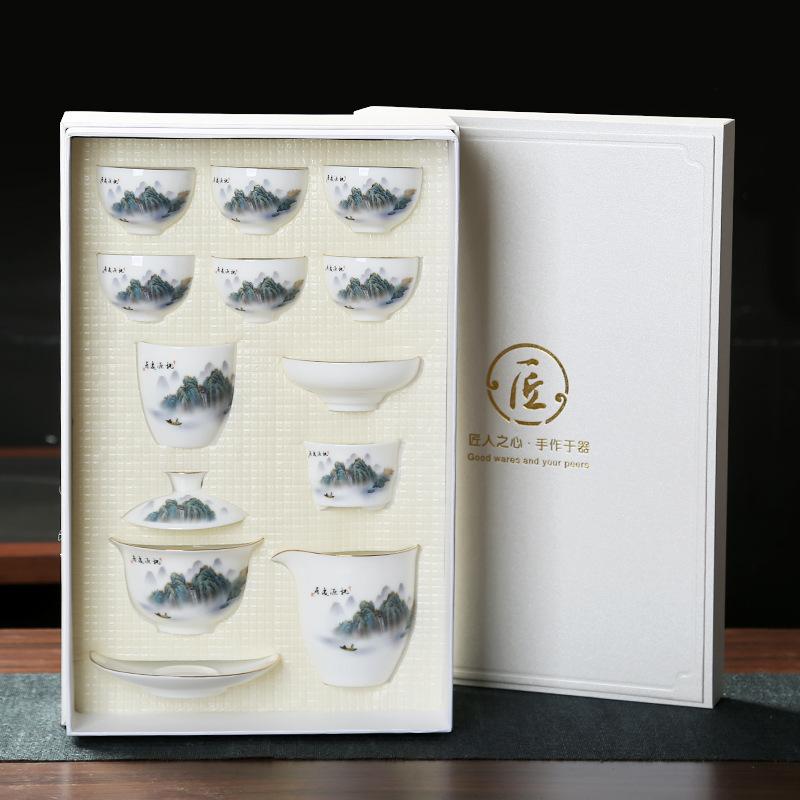 Ceramic suet jade porcelain kung fu tea set with gifts for home use