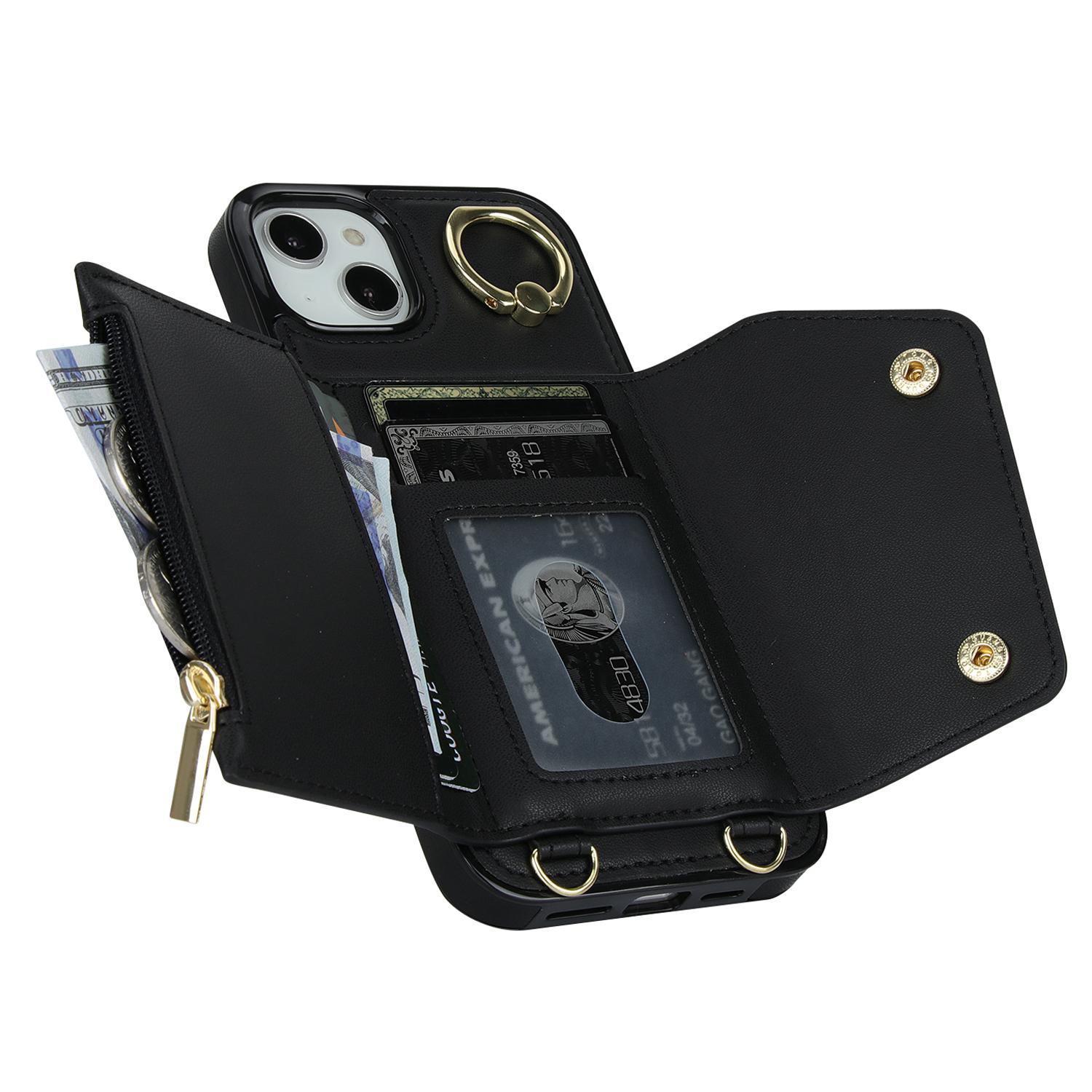 

For iPhone 15 Zipper Wallet Phone Case PU Leather+TPU Ring Kickstand Back Cover with 2 Straps Black