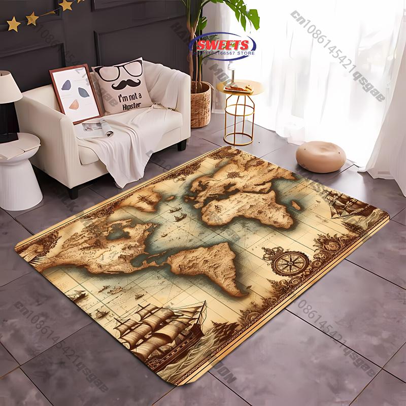 Vintage World Map Ocean Compass Carpet Computer Room Game Room Decorative Mat Livingroom Bedroom Office Large Area Rug Nice Gift